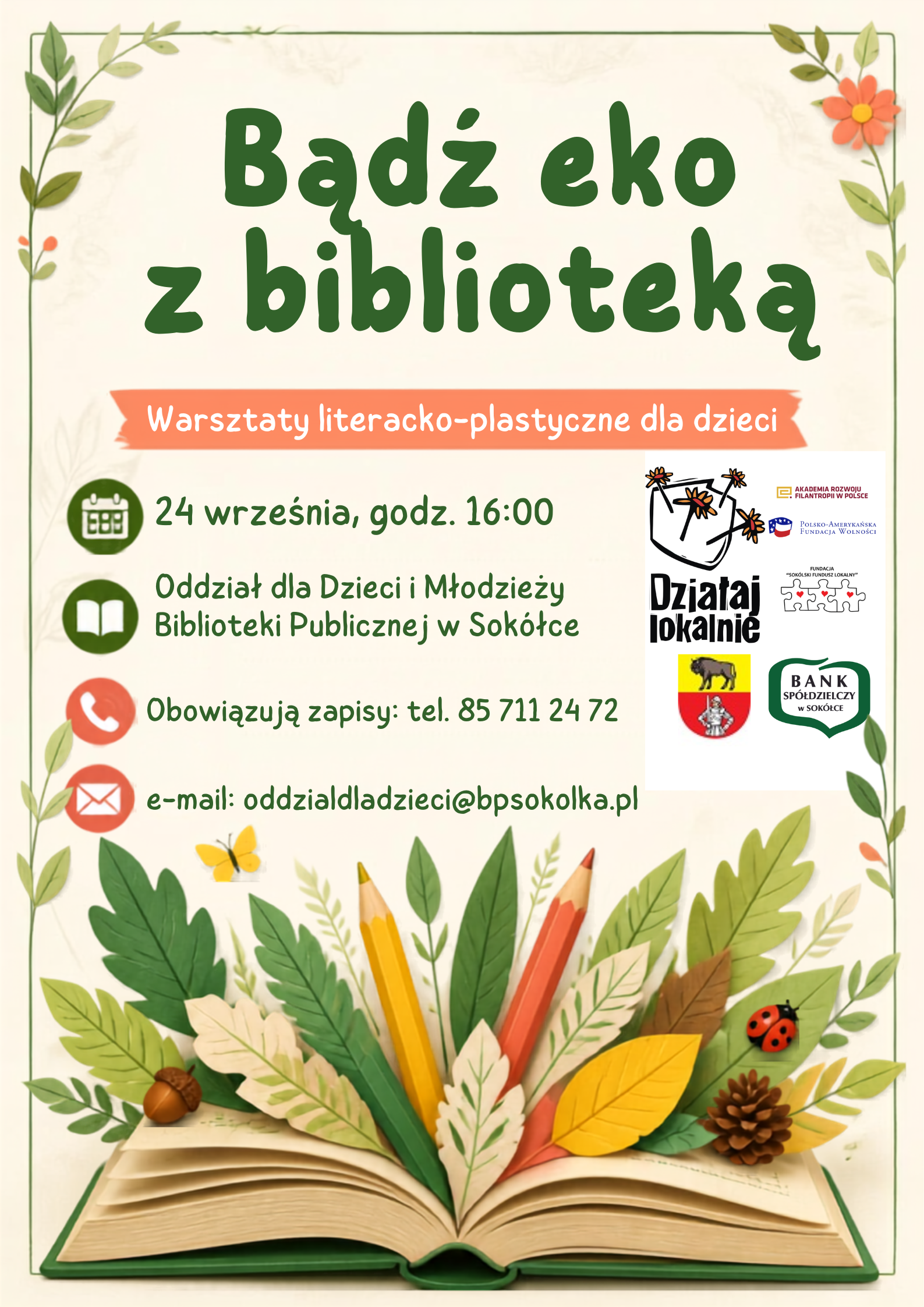 Grafika promująca warsztaty &bdquo;Bądź eko z&nbsp;biblioteką&rdquo; w&nbsp;Bibliotece Publicznej w&nbsp;Sok&oacute;łce.