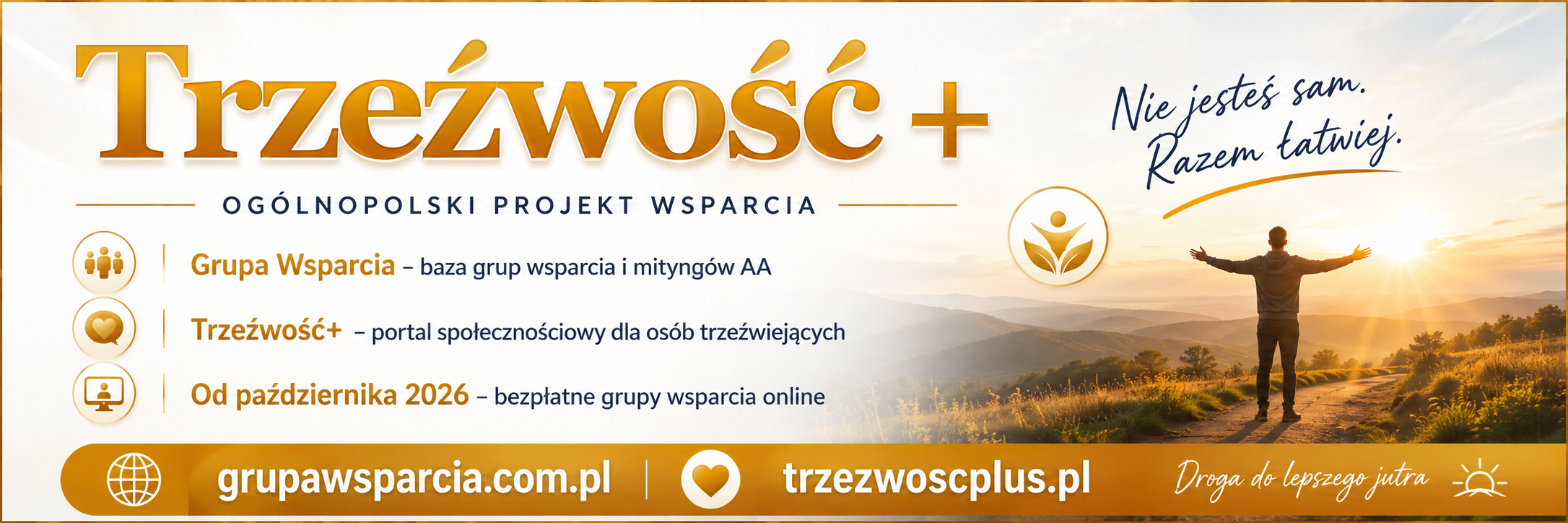 Grafika promująca projekt &bdquo;Trzeźwość+&rdquo; wspierający osoby uzależnione, trzeźwiejące i&nbsp;ich bliskich.