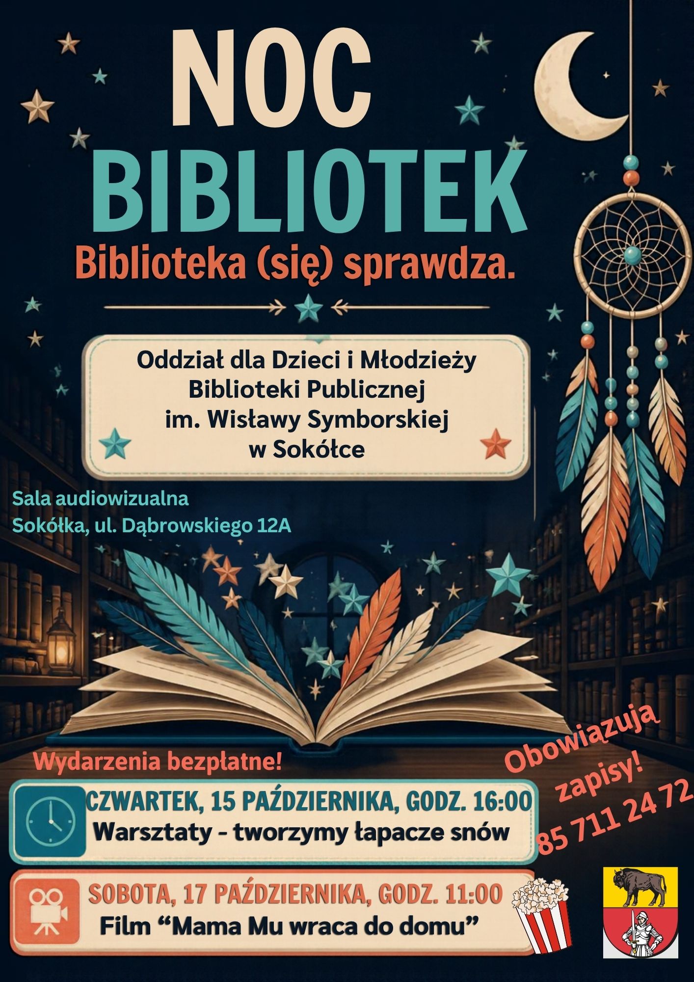 Plakat zapraszający do świętowania tegorocznej Nocy Bibliotek.