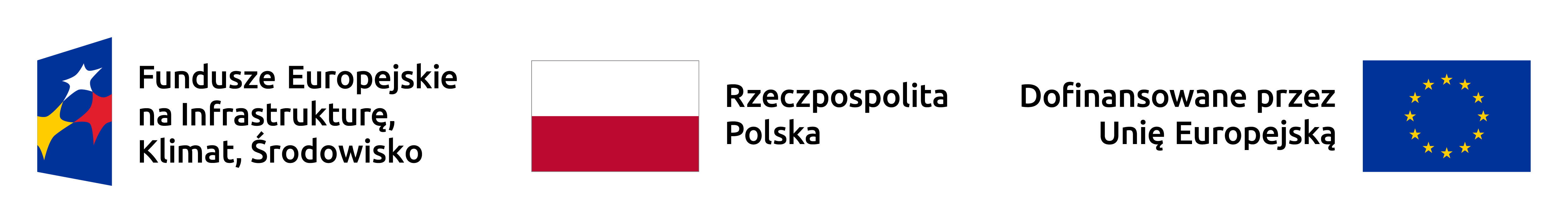 Logotypy Funduszy Europejskich na&nbsp;Infrastrukturę, Klimat, Środowisko, Rzeczypospolitej Polskiej oraz&nbsp;Unii Europejskiej. Informacja: &bdquo;Dofinansowane przez Unię Europejską&rdquo;.