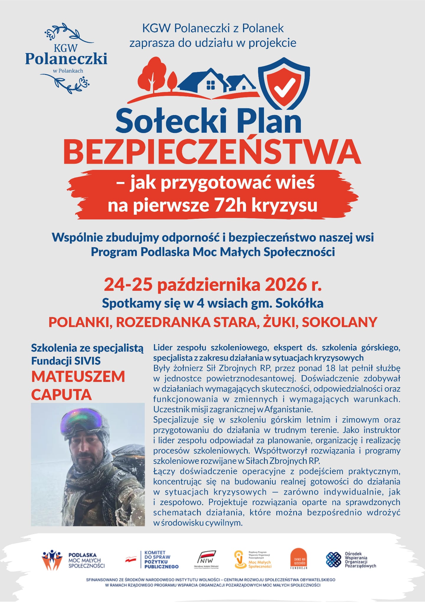 Plakat promujący szkolenia ze specjalistą Fundacji SIVIS Mateuszem Caputa