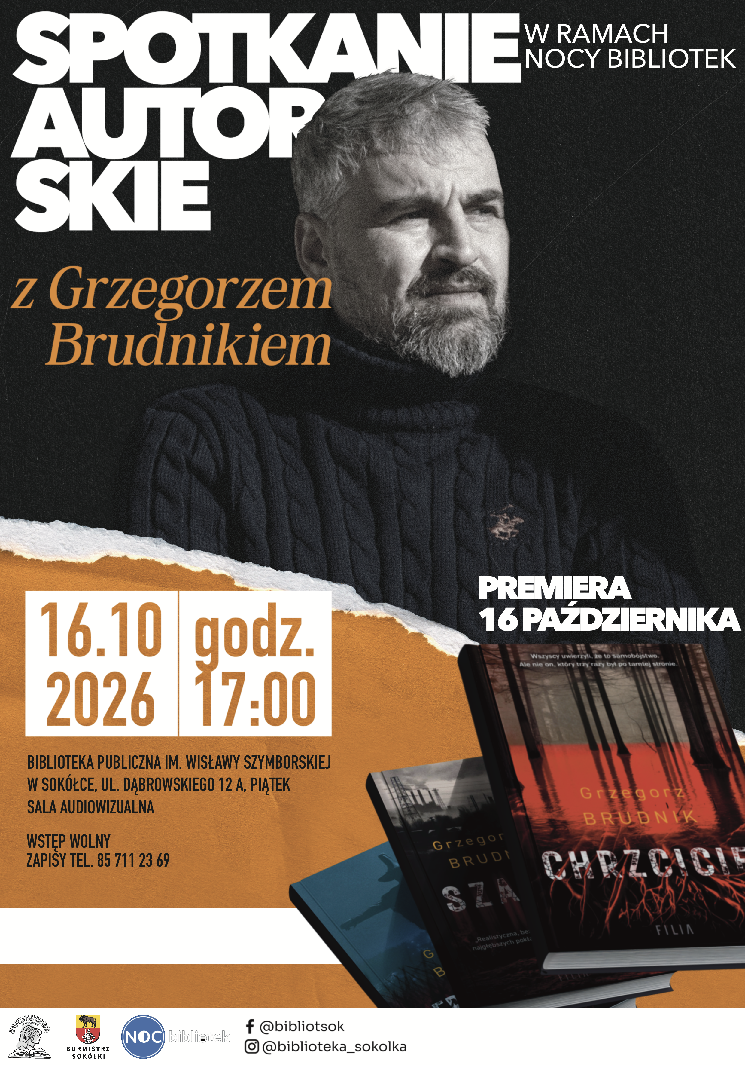 Plakat promujący  spotkanie z&nbsp;Grzegorzem Brudnikiem 