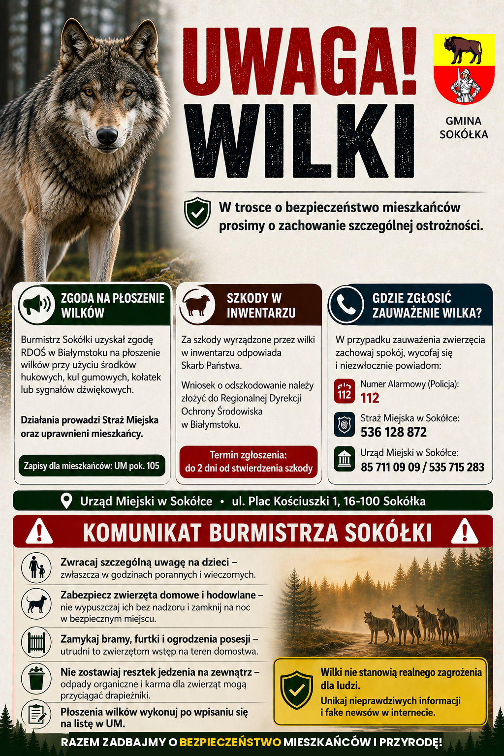 Komunikat Gminy Sok&oacute;łka dotyczący występowania wilk&oacute;w oraz&nbsp;zasad postępowania i&nbsp;zgłaszania ich obecności.