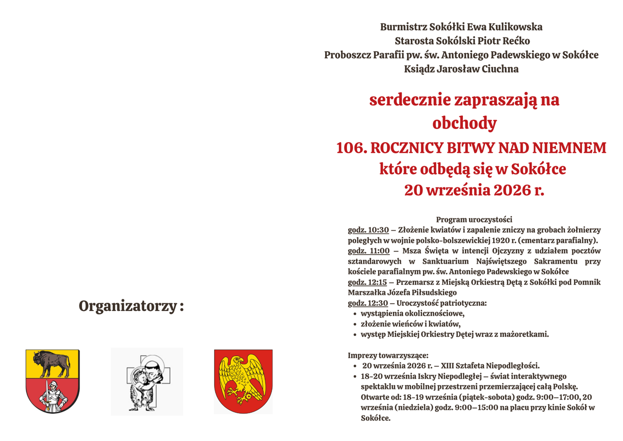 Plakat zapraszający na&nbsp;obchody 106. rocznicy Bitwy nad Niemnem, kt&oacute;re odbędą się 20 września 2026 roku w&nbsp;Sok&oacute;łce. Grafika zawiera program uroczystości patriotycznych oraz&nbsp;informacje o&nbsp;wydarzeniach towarzyszących.