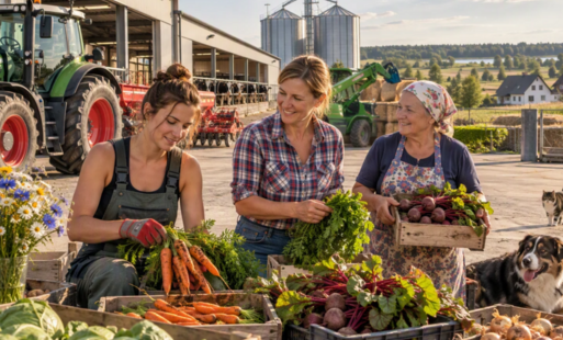 Na ilustracji przedstawiono trzy kobiety reprezentujące różne pokolenia mieszkanek wsi, które wspólnie przygotowują zebrane warzywa w nowoczesnym gospodarstwie rolnym. Na pierwszym planie znajdują się skrzynki wypełnione świeżymi warzywami, a w tle widoczne są nowoczesne maszyny rolnicze, ciągnik, silosy oraz zabudowania gospodarcze. Kompozycja podkreśla znaczenie pracy kobiet w rozwoju współczesnego rolnictwa oraz ich wkład w życie lokalnych społeczności. Ilustracja nawiązuje do obchodów Międzynarodowego Dnia Kobiet Wiejskich, symbolizując pracowitość, doświadczenie oraz międzypokoleniową współpracę na polskiej wsi.  Informacja: Ilustracja została wygenerowana przy użyciu sztucznej inteligencji i ma charakter poglądowy.