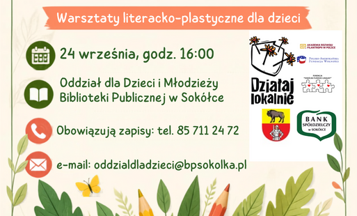 Grafika promująca warsztaty „Bądź eko z biblioteką” w Bibliotece Publicznej w Sokółce.