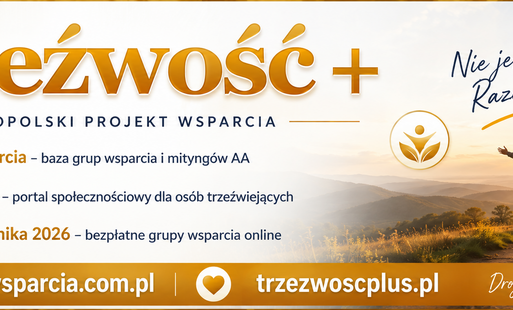 Grafika promująca projekt „Trzeźwość+” wspierający osoby uzależnione, trzeźwiejące i ich bliskich.