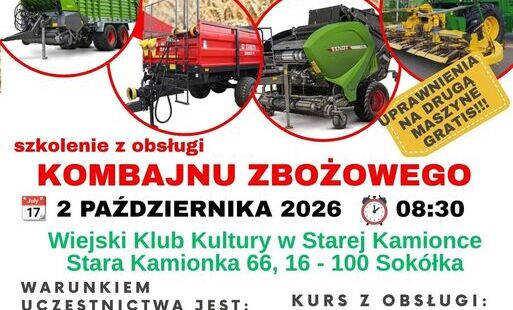 Plakat informujący o szkoleniu z bezpiecznej obsługi maszyn żniwnych, które odbędzie się 2 października 2026 r. 