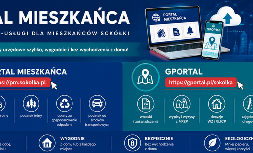 Grafika promująca Portal Mieszkańca i GPortal Gminy Sokółka. Na ilustracji przedstawiono komputer i smartfon z ikonami e-usług oraz adresy portali umożliwiających załatwianie spraw urzędowych online. Widoczny jest również herb Miasta Sokółka.