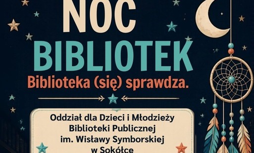 Plakat zapraszający do świętowania tegorocznej Nocy Bibliotek.