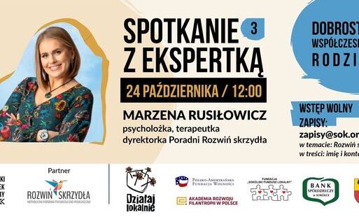 Plakat promujący wydarzenie pt: " W lustrze dziecka – spotkanie o świadomym wychowaniu z psycholożką Marzeną Rusiłowicz" 