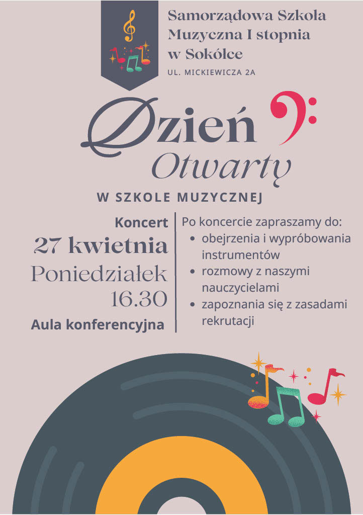 Zaproszenie na „Dzień Otwarty” w Samorządowej Szkole Muzycznej I stopnia w Sokółce